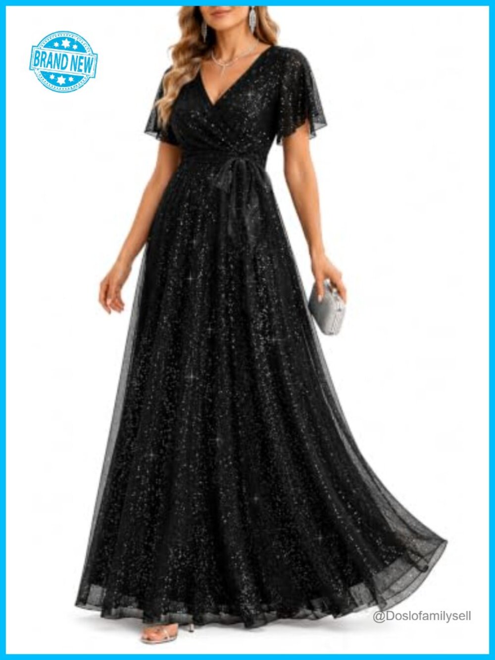 Glitter Evening Gown V-Neck Flutter Sleeve Maxi Formal Prom Dress